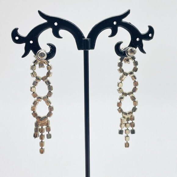 Vintage Triple Rhinestone Circle Earrings Silver Tone Glam Bling Sparkle Holiday - Picture 8 of 8